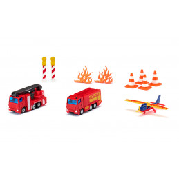 Set de bomberos de juguete Siku con camión de rescate, plataforma giratoria y avión de emergencias.