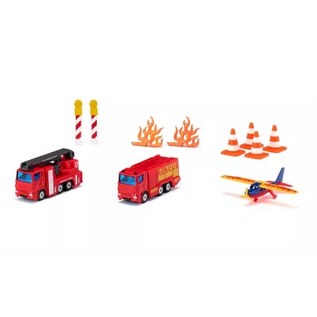 Set de bomberos de juguete Siku con camión de rescate, plataforma giratoria y avión de emergencias.