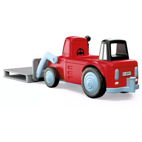 Juguete de granja Willy Worky con tractor cargador modular, figura articulada de granjero y accesorios de juego.