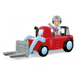 Juguete de granja Willy Worky con tractor cargador modular, figura articulada de granjero y accesorios de juego.