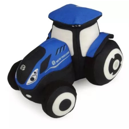Tractor de peluche New Holland T7 azul con acabados bordados de alta calidad.
