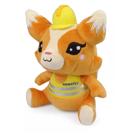 Peluche de zorro Komatsu Kitsune con chaleco reflectante y casco de seguridad.