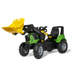 Tractor a pedales infantil Deutz 8280 TTV Rolly Toys con cargador frontal desmontable y ruedas neumáticas.