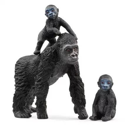 Figuras de juguete Schleich de familia de gorilas de llanura con madre y dos crías.