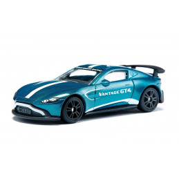 Miniatura de Aston Martin Vantage GT4 azul metálico con alerón trasero y llantas deportivas de competición.