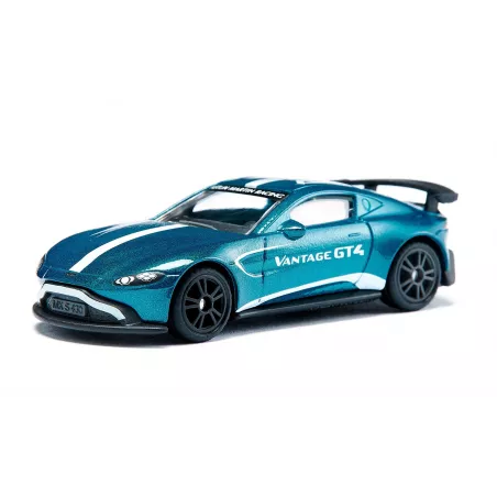 Miniatura de Aston Martin Vantage GT4 azul metálico con alerón trasero y llantas deportivas de competición.