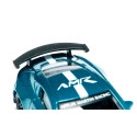 Miniatura de Aston Martin Vantage GT4 azul metálico con alerón trasero y llantas deportivas de competición.