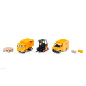 Conjunto de logística de DHL de Siku con camión de transporte, carretilla elevadora y furgoneta de juguete.