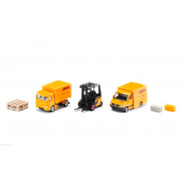 Conjunto de logística de DHL de Siku con camión de transporte, carretilla elevadora y furgoneta de juguete.