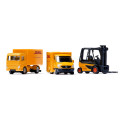 Conjunto de logística de DHL de Siku con camión de transporte, carretilla elevadora y furgoneta de juguete.