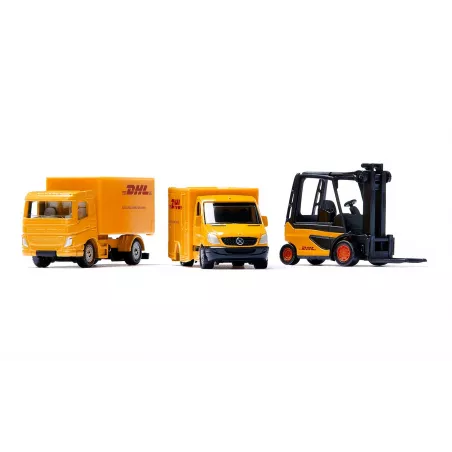 Conjunto de logística de DHL de Siku con camión de transporte, carretilla elevadora y furgoneta de juguete.