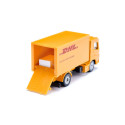 Conjunto de logística de DHL de Siku con camión de transporte, carretilla elevadora y furgoneta de juguete.