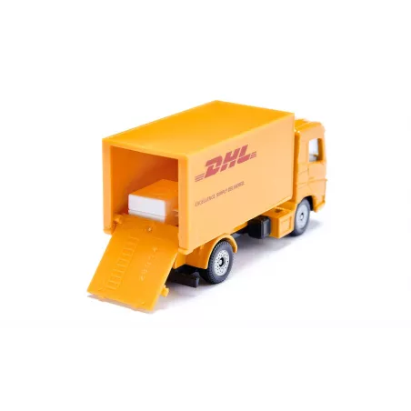 Conjunto de logística de DHL de Siku con camión de transporte, carretilla elevadora y furgoneta de juguete.
