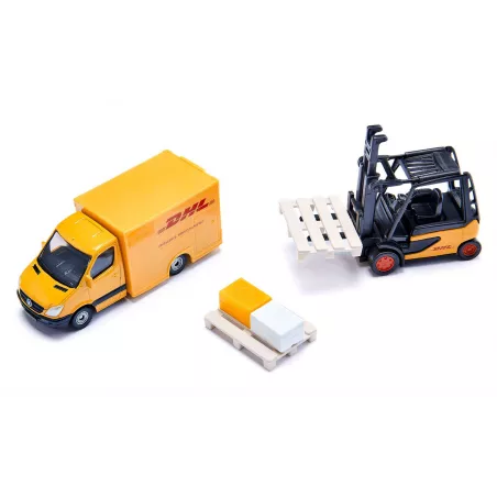 Conjunto de logística de DHL de Siku con camión de transporte, carretilla elevadora y furgoneta de juguete.