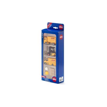 Conjunto de logística de DHL de Siku con camión de transporte, carretilla elevadora y furgoneta de juguete.