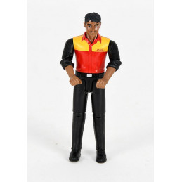 Figura articulada de conductor de DHL de juguete marca Bruder para vehículos de reparto.