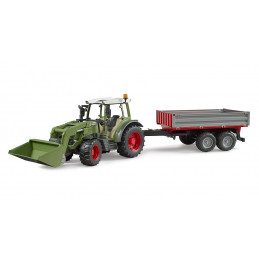 Tractor de juguete Fendt Vario 211 a escala 1:16 con cargador frontal y remolque Bruder.