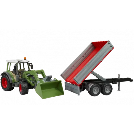 Tractor de juguete Fendt Vario 211 a escala 1:16 con cargador frontal y remolque Bruder.