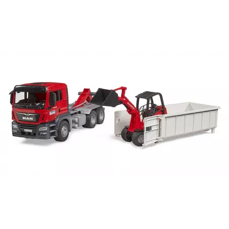 Camión de juguete MAN TGS con contenedor y minicargadora Schäffer a escala 1:16