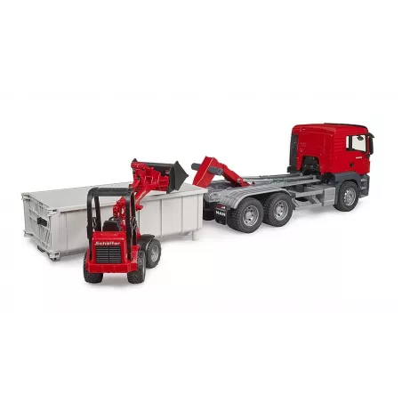 Camión de juguete MAN TGS con contenedor y minicargadora Schäffer a escala 1:16