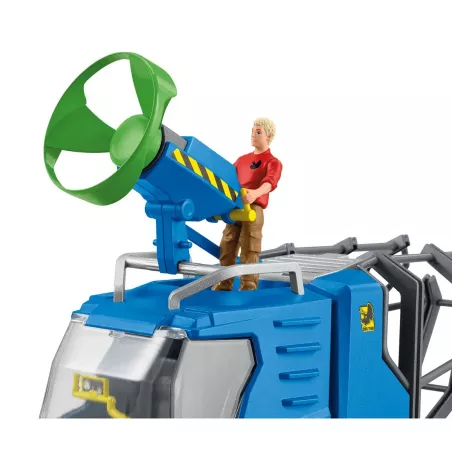 Vehículo oruga de juguete Schleich con cabina elevable y jaula de transporte para capturar dinosaurios.