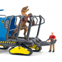 Vehículo oruga de juguete Schleich con cabina elevable y jaula de transporte para capturar dinosaurios.