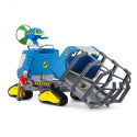 Vehículo oruga de juguete Schleich con cabina elevable y jaula de transporte para capturar dinosaurios.