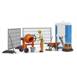 Set de obra bworld de BRUDER con figura articulada, vallas de seguridad y herramientas de juguete.