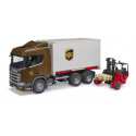Camión de juguete Scania Super 560R UPS de Bruder con contenedor desmontable y carretilla elevadora.