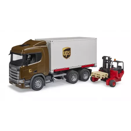 Camión de juguete Scania Super 560R UPS de Bruder con contenedor desmontable y carretilla elevadora.