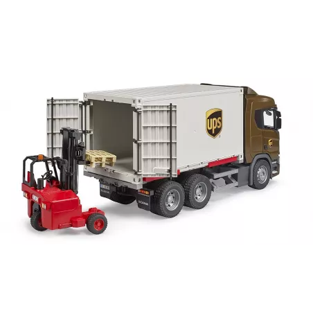 Camión de juguete Scania Super 560R UPS de Bruder con contenedor desmontable y carretilla elevadora.