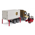 Camión de juguete Scania Super 560R UPS de Bruder con contenedor desmontable y carretilla elevadora.