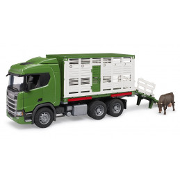 Camión de juguete para transporte de ganado Scania Super 560R con rampa y figura de vaca
