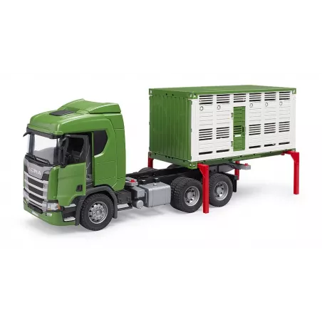 Camión de juguete para transporte de ganado Scania Super 560R con rampa y figura de vaca