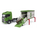 Camión de juguete para transporte de ganado Scania Super 560R con rampa y figura de vaca