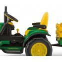 Tractor eléctrico infantil John Deere Ground Force con remolque en color verde y amarillo.