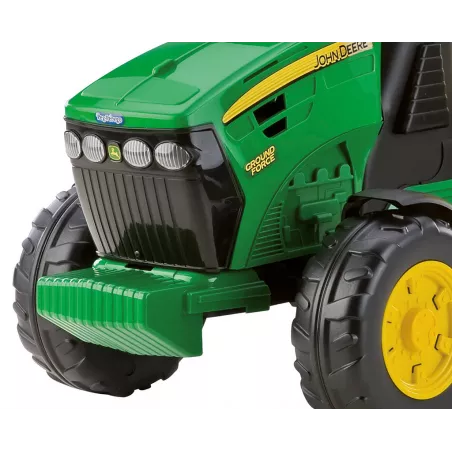 Tractor eléctrico infantil John Deere Ground Force con remolque en color verde y amarillo.