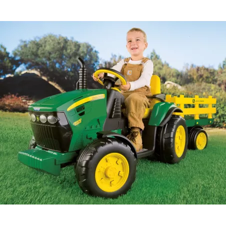 Tractor eléctrico infantil John Deere Ground Force con remolque en color verde y amarillo.