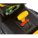 Tractor eléctrico infantil John Deere Ground Force con remolque en color verde y amarillo.