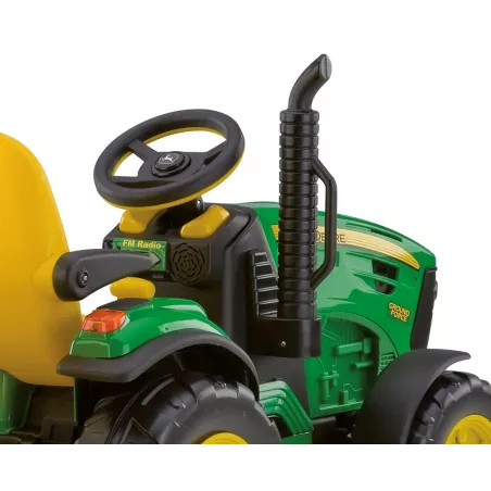 Tractor eléctrico infantil John Deere Ground Force con remolque en color verde y amarillo.