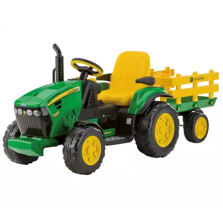 Tractor eléctrico infantil John Deere Ground Force con remolque en color verde y amarillo.