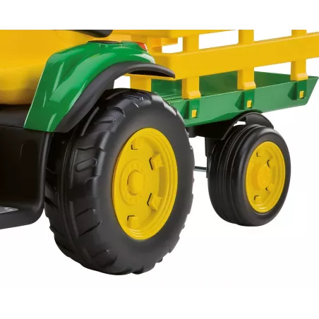 Tractor eléctrico infantil John Deere Ground Force con remolque en color verde y amarillo.