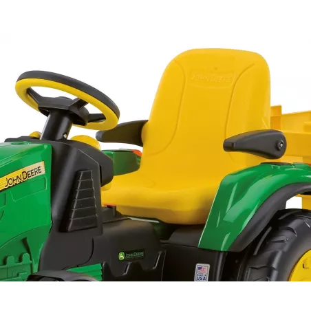 Tractor eléctrico infantil John Deere Ground Force con remolque en color verde y amarillo.