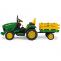 Tractor eléctrico infantil John Deere Ground Force con remolque en color verde y amarillo.