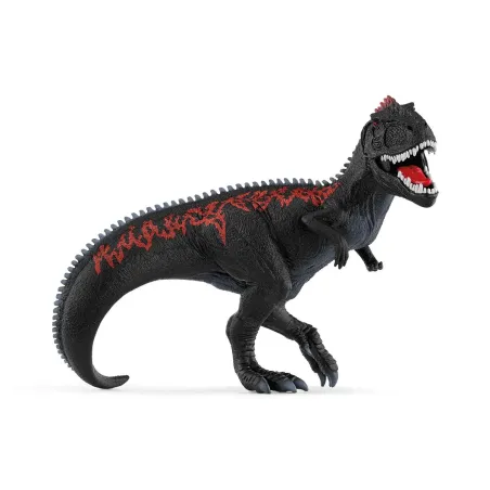 Dinosaurio Giganotosaurus negro con detalles rojo fuego en la columna vertebral espinosa y colmillos.