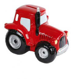 Tractor hucha de cerámica roja, hucha infantil decorativa.