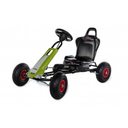 GoKart a pedales CLAAS Racer de Ferbedo para niños de 3 a 8 años con diseño agrícola verde y amarillo.