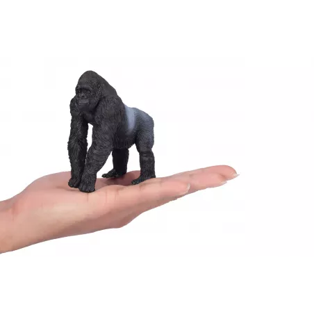Figura detallada de gorila macho espalda plateada pintada a mano, juguete realista de colección.