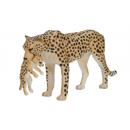 Figura de juguete de guepardo hembra con cachorro pintada a mano de Mojo para colección y juego.