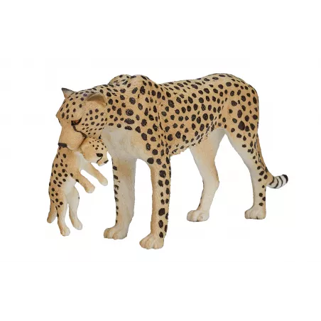Figura de juguete de guepardo hembra con cachorro pintada a mano de Mojo para colección y juego.